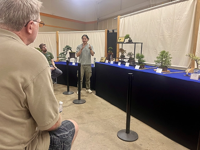 A man presentating in front of bonsai displays.