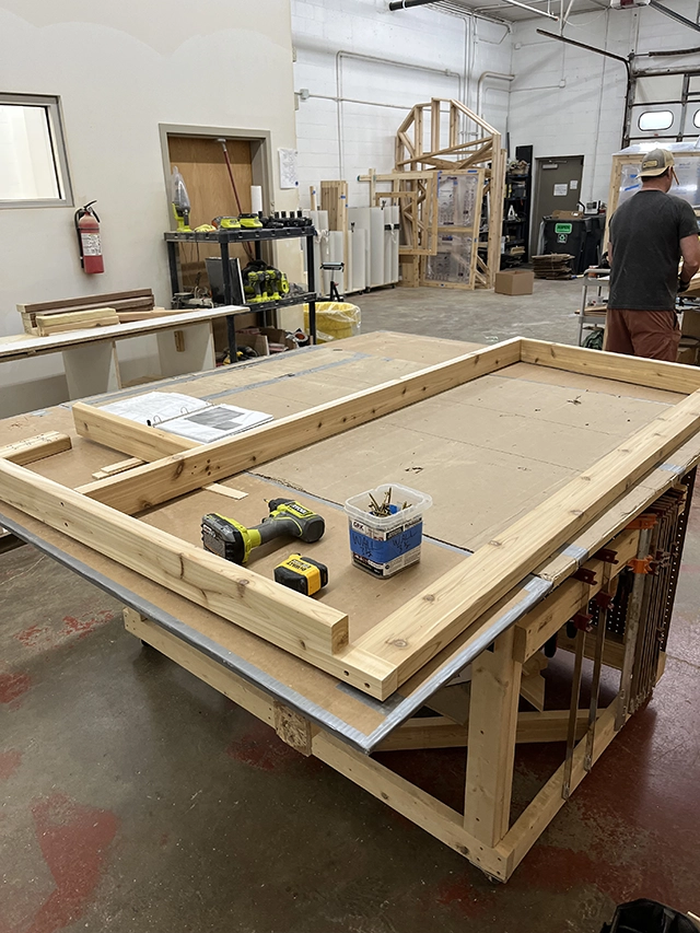 Sauna wall under construction.